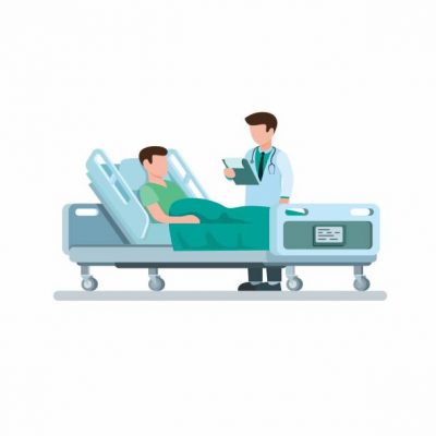 Doctor visiting patient and explains the diagnosis of the disease in cartoon flat illustration vector isolated in white background